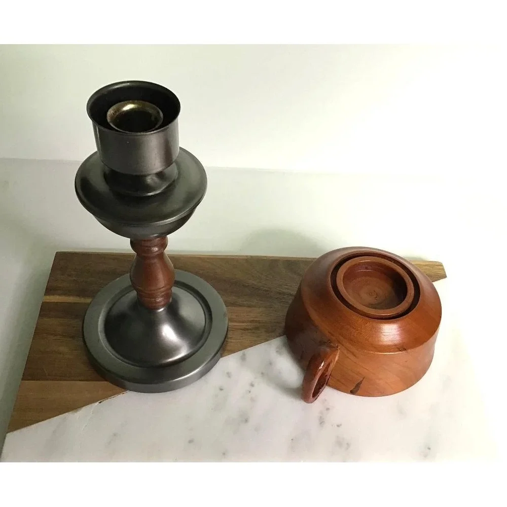 Vintage Pewter and Wood Candlestick & Cherry Wood Hand Turned Chamberstick 1977